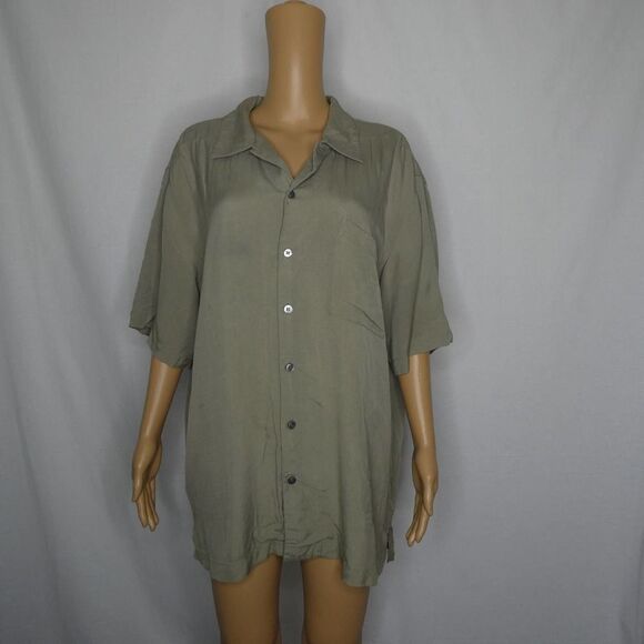 Brandini Pure Silk Taupe Tan Button Up Shirt XL Short Sleeve - Picture 1 of 10